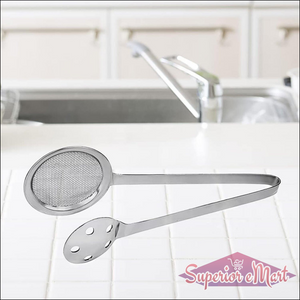 Superior eMart stainless steel skimmer tong with a round mesh head for draining foods easily