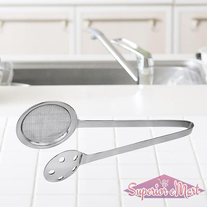Superior eMart stainless steel skimmer tong with a round mesh head for draining foods easily