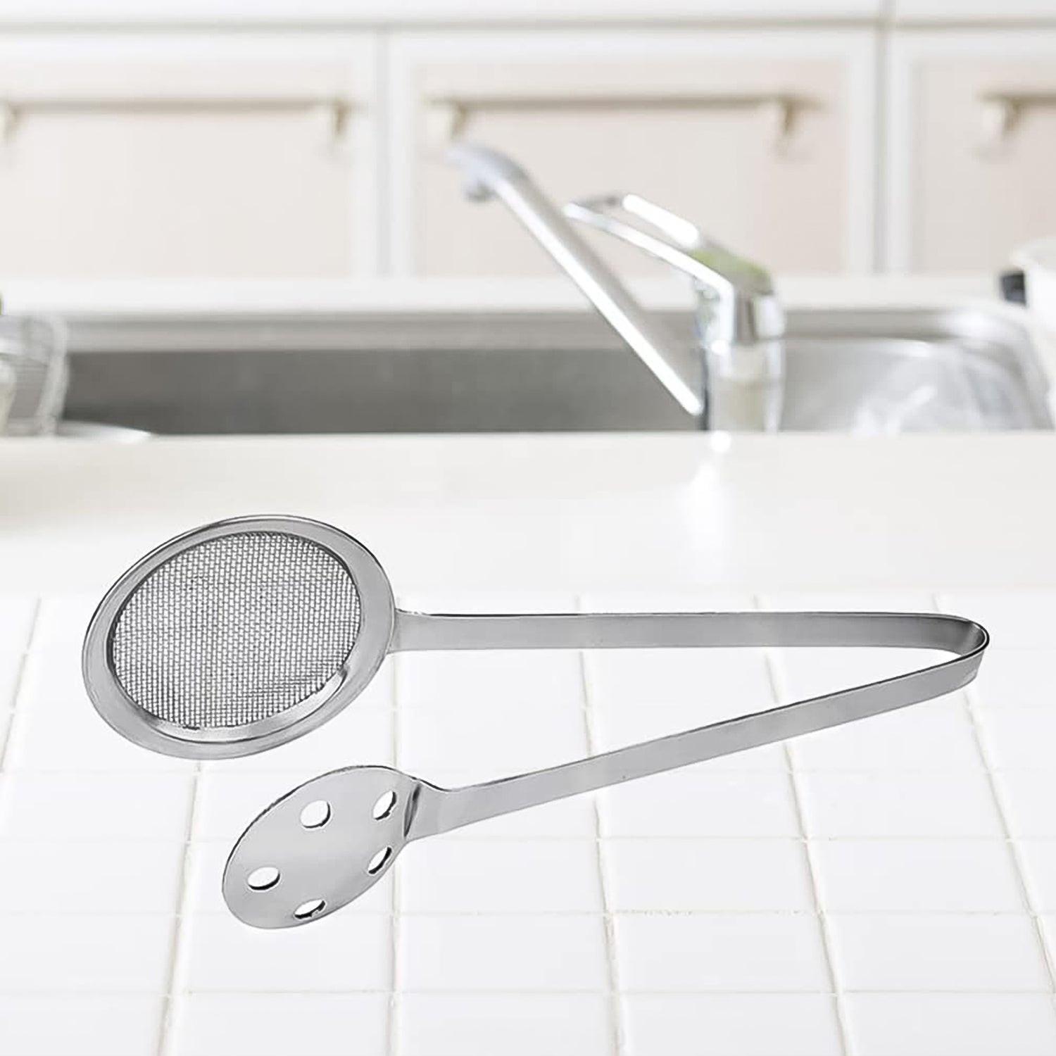 Stainless steel skimmer tong with a mesh strainer for lifting and draining food easily