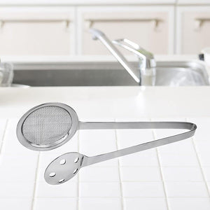 Superior eMart stainless steel skimmer tong with a round mesh head for draining foods easily