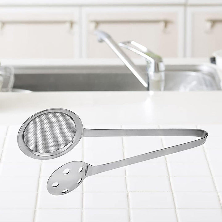 Superior eMart stainless steel skimmer tong with a round mesh head for draining foods easily