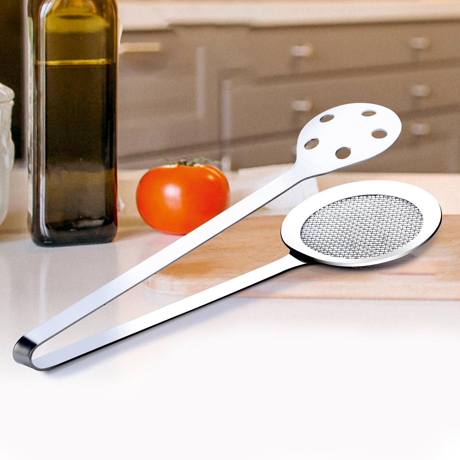 Superior eMart stainless steel skimmer tong with a perforated scoop for easy food handling
