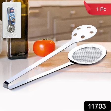Superior eMart stainless steel skimmer tong with perforated spoon and mesh for easy food straining