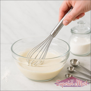 Superior eMart stainless steel hand whisk in use to mix batter in a clear mixing bowl