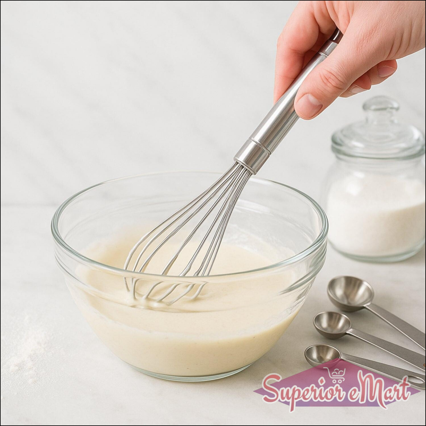 Superior eMart stainless steel hand whisk in use to mix batter in a clear mixing bowl