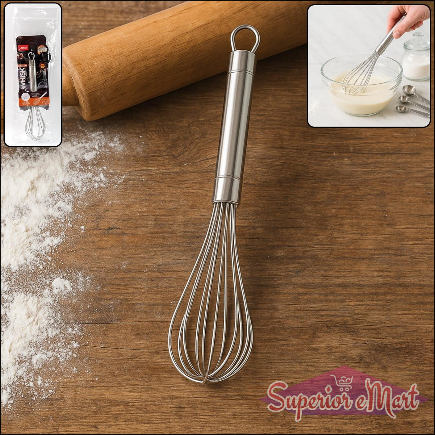 Durable stainless steel hand whisk with ergonomic grip for efficient mixing in the kitchen