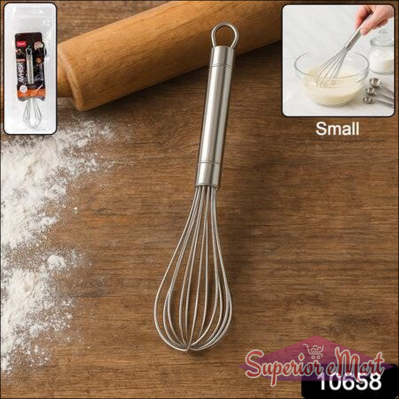 Superior eMart stainless steel hand whisk for mixing, whipping, and baking in the kitchen