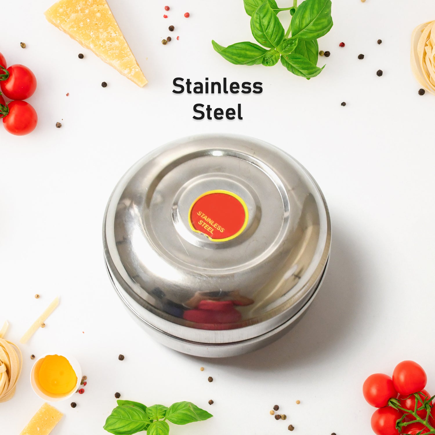 Stainless steel tiffin box from Superior eMart with a round design on white background