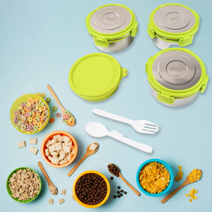 Colorful food items surrounded by a stainless steel tiffin lunch box set with airtight lids