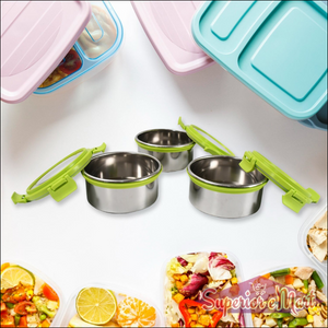 Stainless steel tiffin lunch box with compartments and colorful containers for meal prep and storage