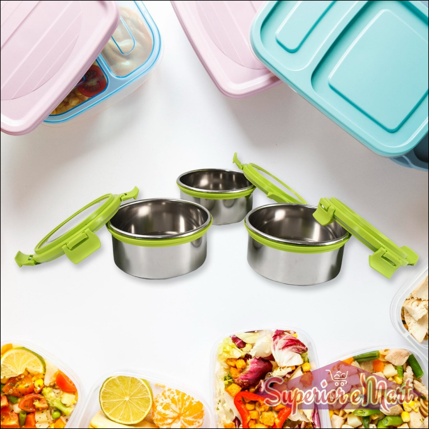 Stainless steel tiffin lunch box with compartments and colorful containers for meal prep and storage