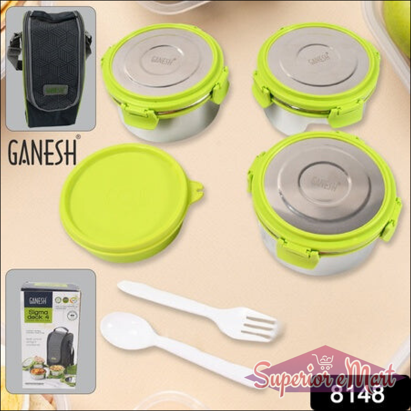 Superior eMart stainless steel tiffin lunch box set with four containers and a sturdy carrying bag