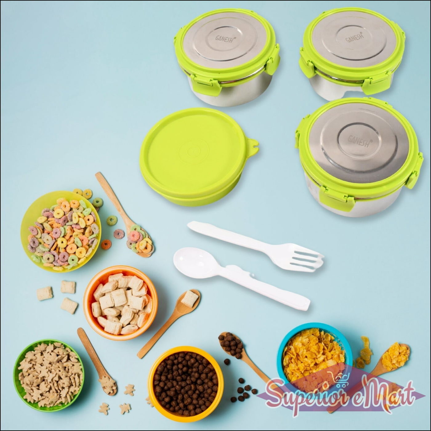 Colorful food items surrounded by a stainless steel tiffin lunch box set with airtight lids