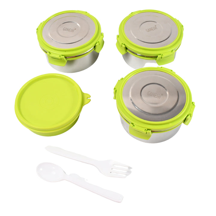 Stainless steel tiffin lunch box set with vibrant green lids and utensils for meal prep.