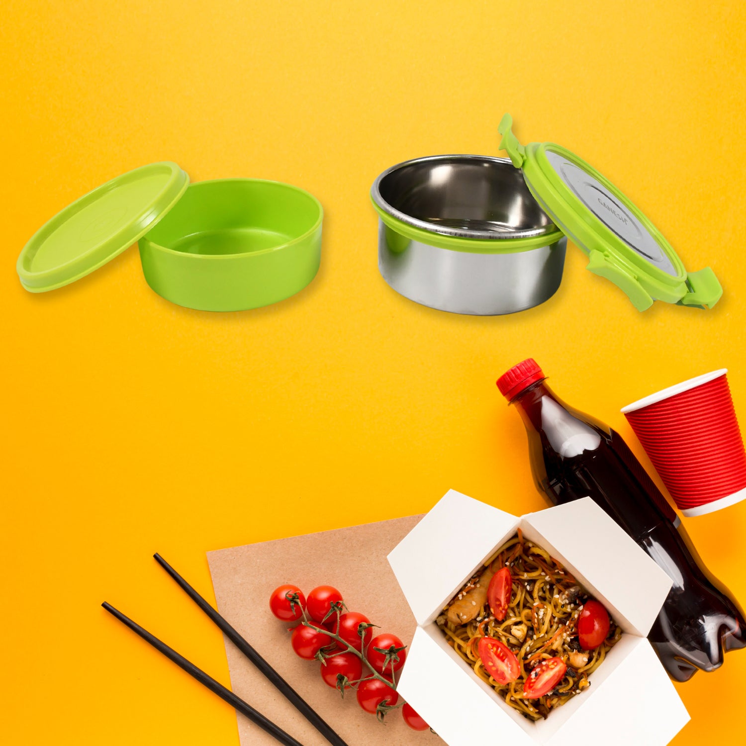 Stainless steel tiffin lunch box with colorful lids and containers for easy meal packing