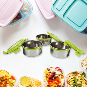 Stainless steel tiffin lunch box with compartments and colorful containers for meal prep and storage