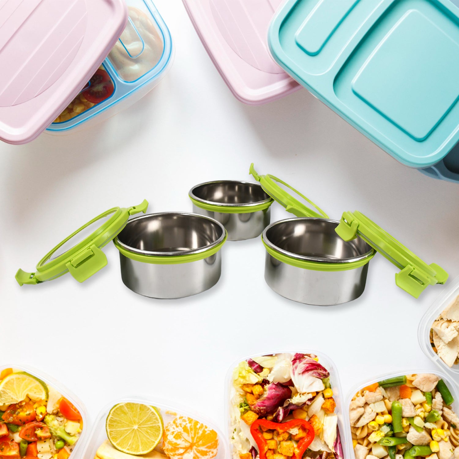 Stainless steel tiffin lunch box with compartments and colorful containers for meal prep and storage