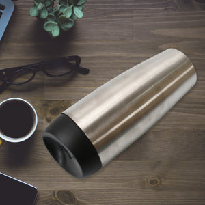 Sleek stainless steel travel coffee mug with a black lid for on-the-go coffee lovers