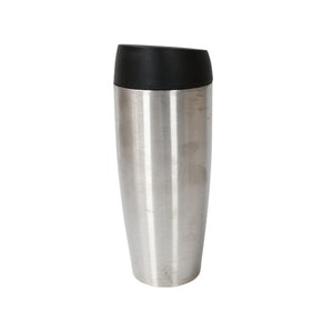 Stylish stainless steel travel coffee mug with a black lid for on-the-go convenience