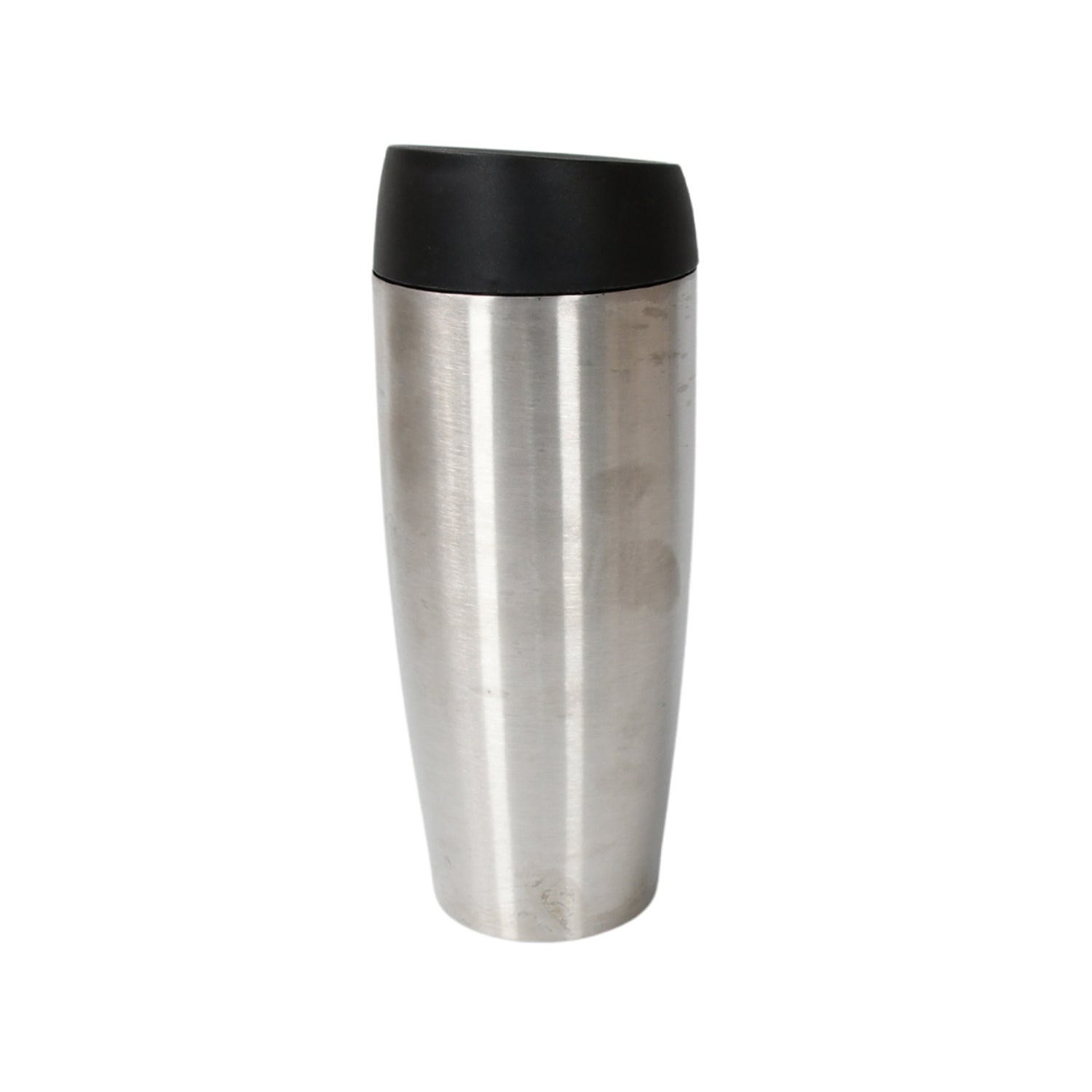 Stylish stainless steel travel coffee mug with a black lid for on-the-go convenience