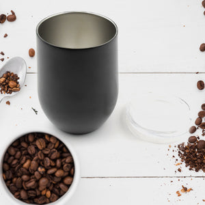 Sleek black stainless steel travel mug with a lid perfect for coffee on the go