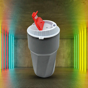 Stainless steel travel mug with a secure lid and vibrant red cap for on-the-go beverages