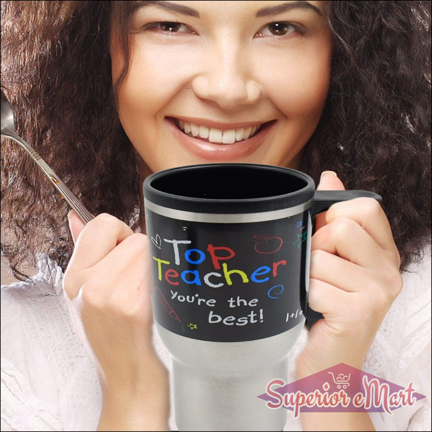 Superior eMart stainless steel insulated coffee mug with a Top Teacher design for everyday use