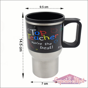 Superior eMart stainless steel insulated coffee mug with colorful 'Top Teacher' design and sturdy handle