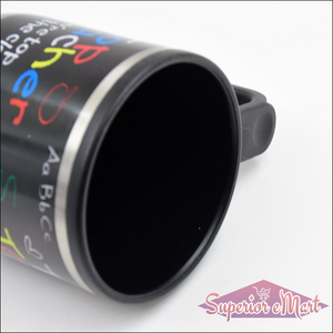 Colorful stainless steel insulated coffee mug with a handle and sleek interior design