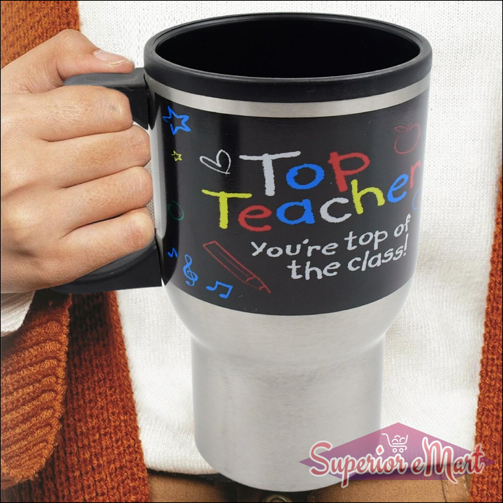 Stainless steel insulated coffee mug with colorful text for teachers, ideal for coffee on the go