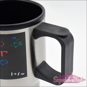 Superior eMart stainless steel insulated coffee mug with a comfortable black handle and colorful design