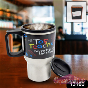 Superior eMart stainless steel insulated coffee mug with teacher-themed design and steam rising from coffee