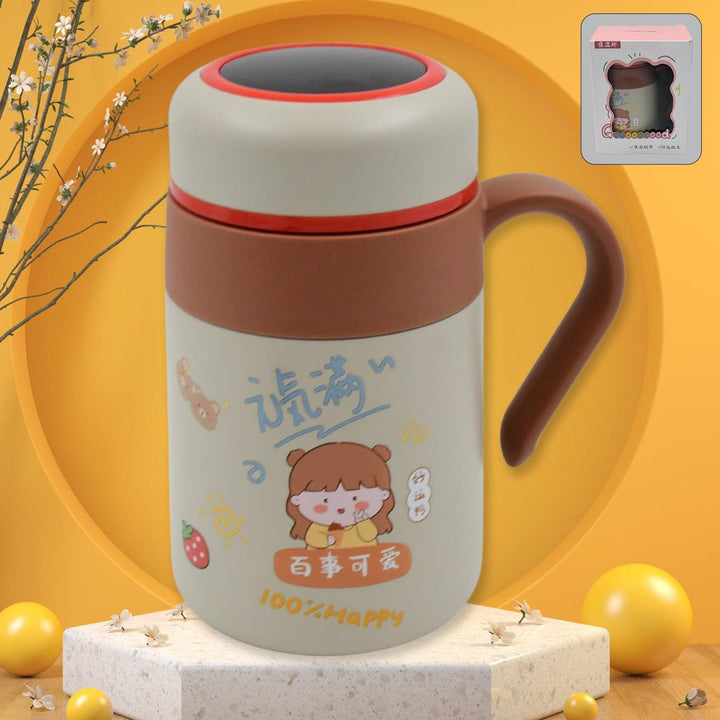 Cute stainless steel vacuum insulated mug with a bear design and a brown handle for everyday use