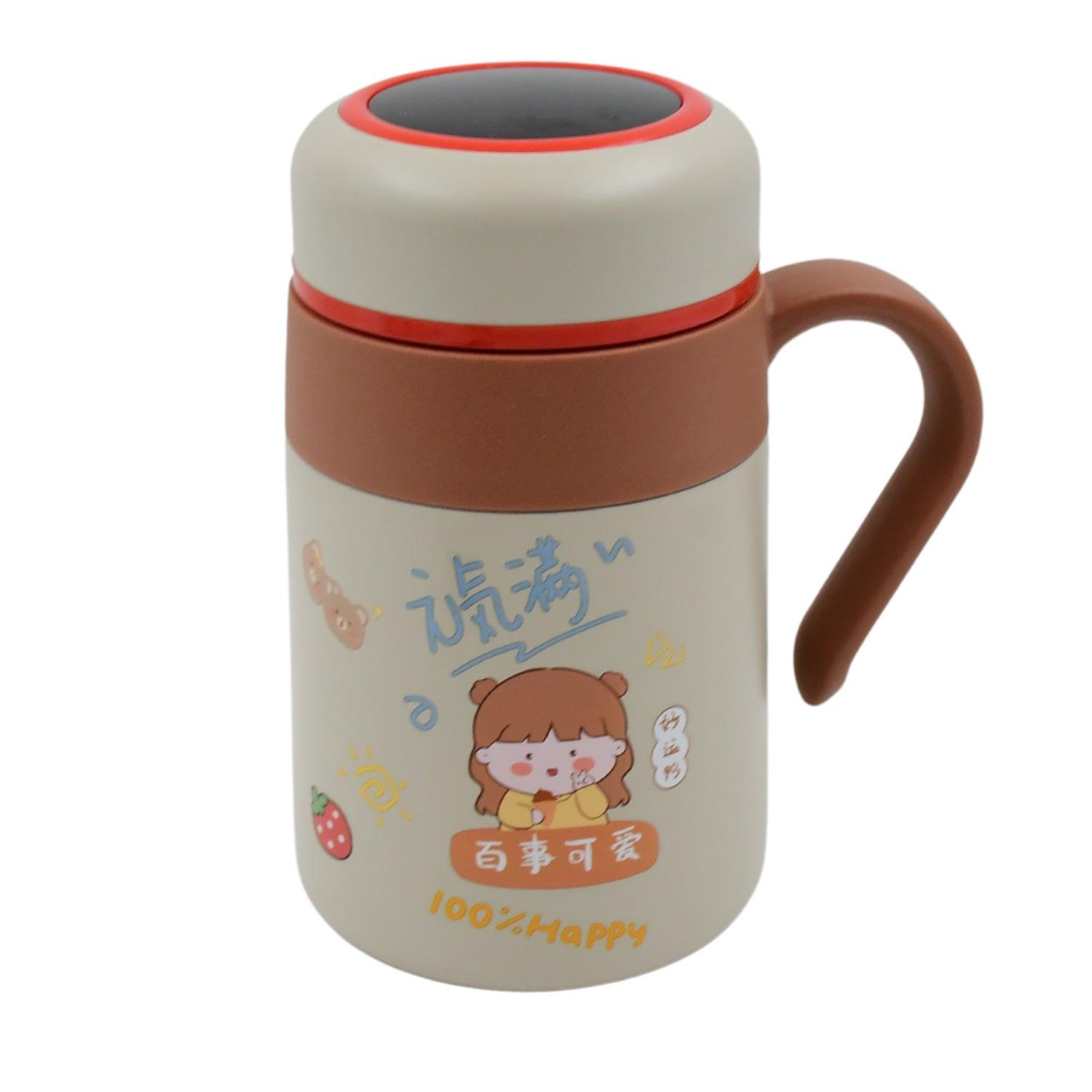 Cute stainless steel vacuum insulated mug with handle and colorful design for hot and cold beverages
