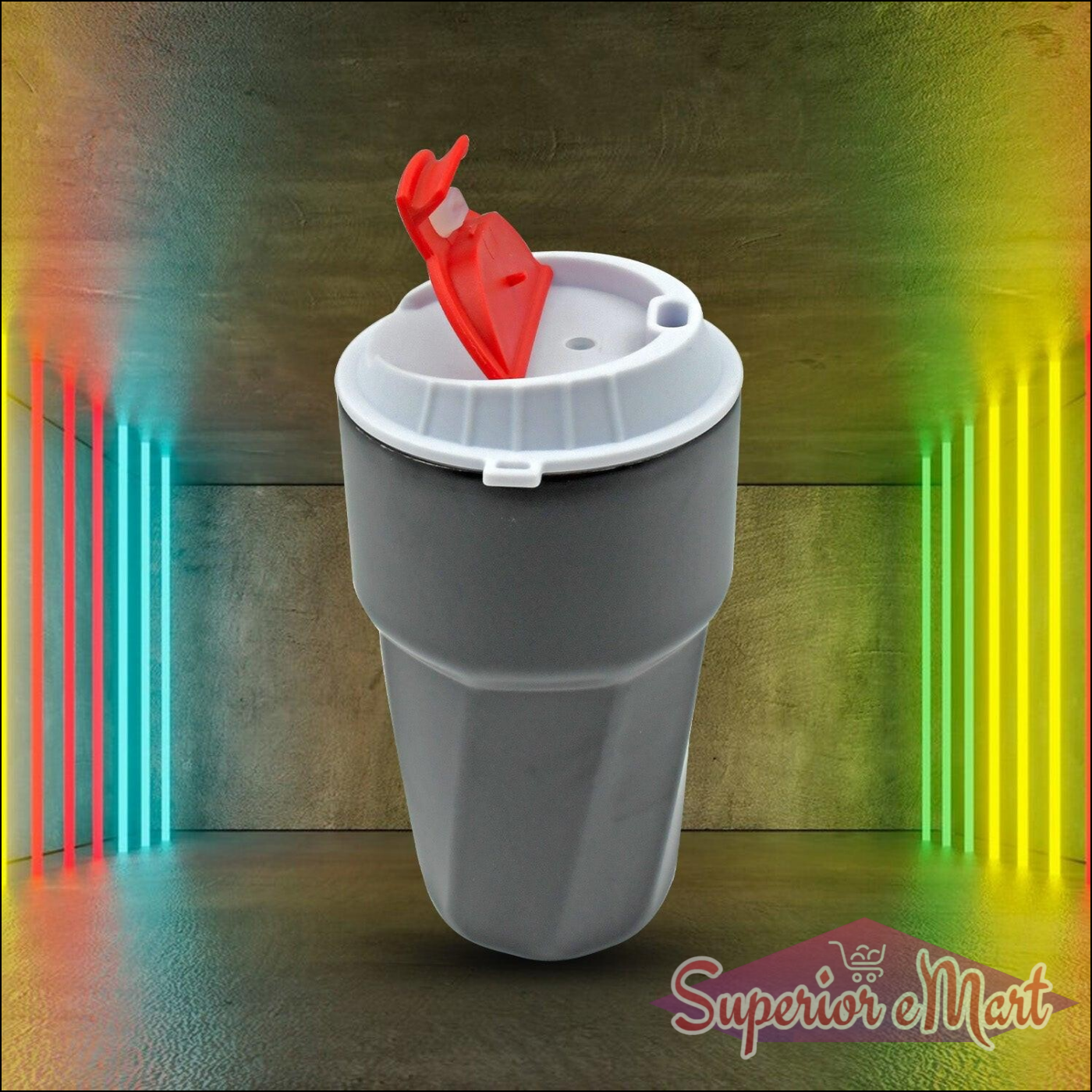 Stainless steel travel mug with a secure lid and vibrant red cap for on-the-go beverages