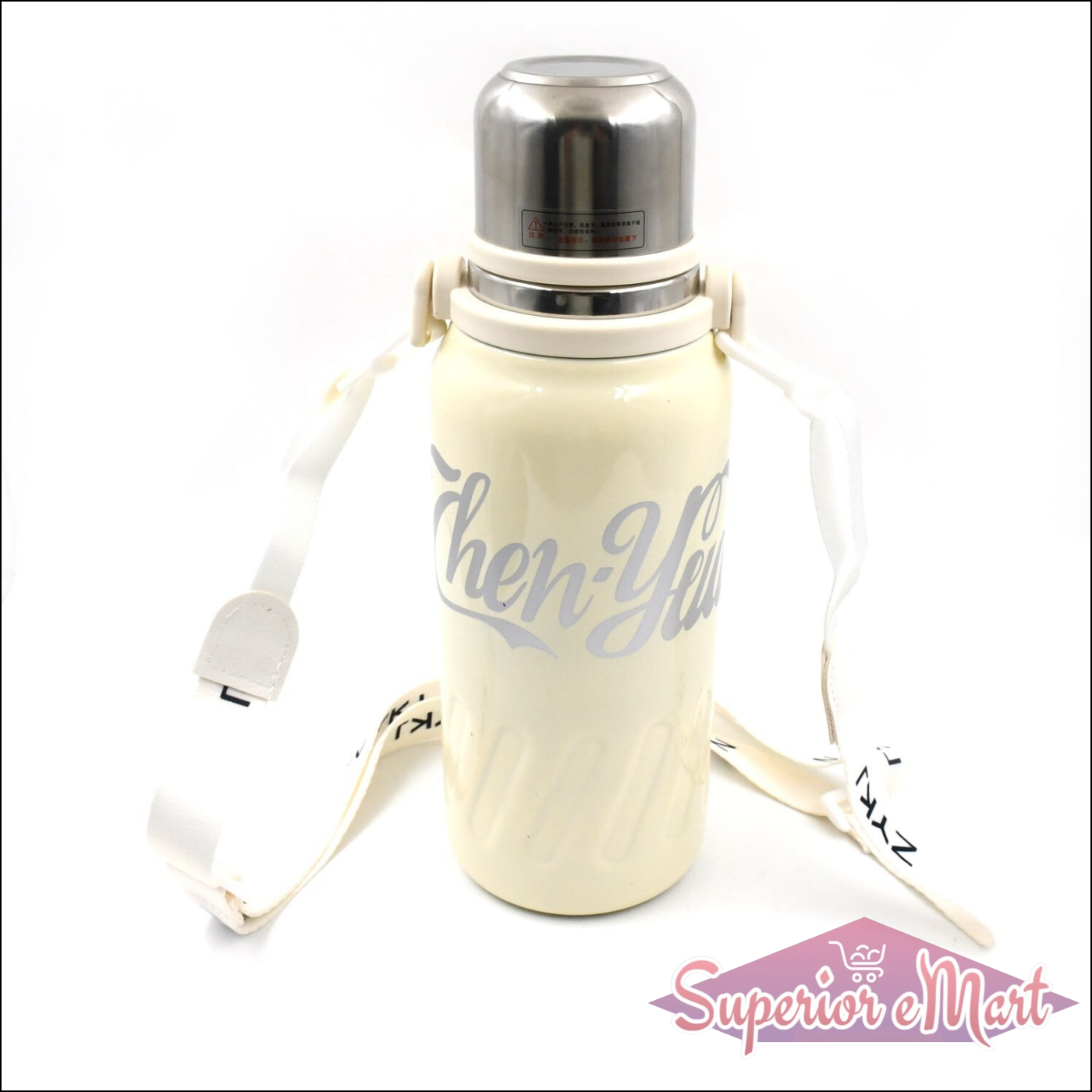 Superior eMart stainless steel vacuum insulated water bottle in cream color with a detachable strap