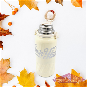 Superior eMart stainless steel vacuum insulated water bottle in cream color with a secure lid