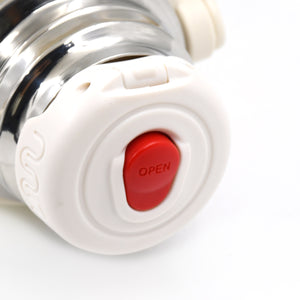Close-up of the lid on a stainless steel vacuum insulated water bottle with an easy open button