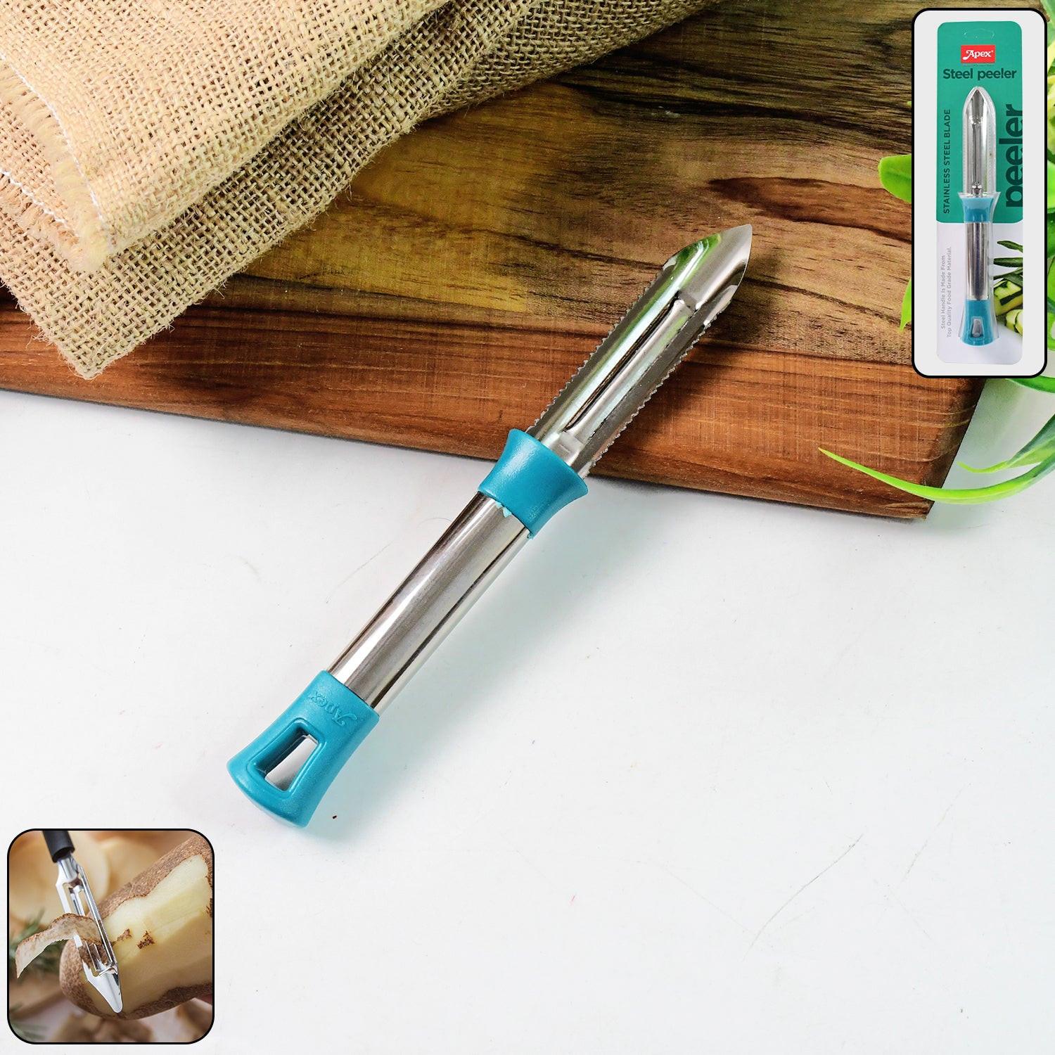 Stainless steel vegetable peeler with ergonomic handle for efficient peeling in the kitchen