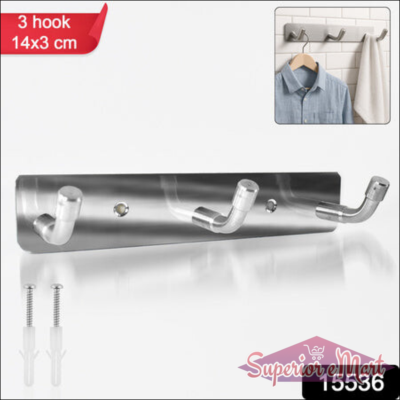 Durable stainless steel wall mounted coat rack with three hooks for organizing jackets and accessories