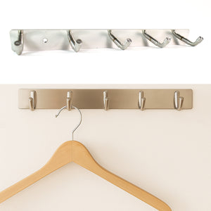 Stainless steel wall mounted coat rack with five hooks for easy organization and modern design