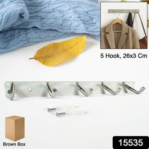 Stainless steel wall mounted coat rack with five hooks for easy organization in home and kitchen