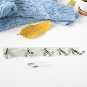 Stainless steel wall mounted coat rack with five hooks, ideal for organizing coats and accessories