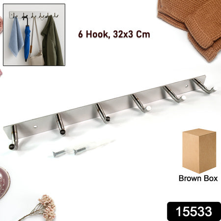 Stainless steel wall mounted coat rack with six hooks for organizing coats and accessories