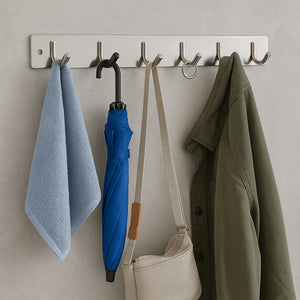 Stainless steel wall mounted coat rack with multiple hooks for clothing and accessories