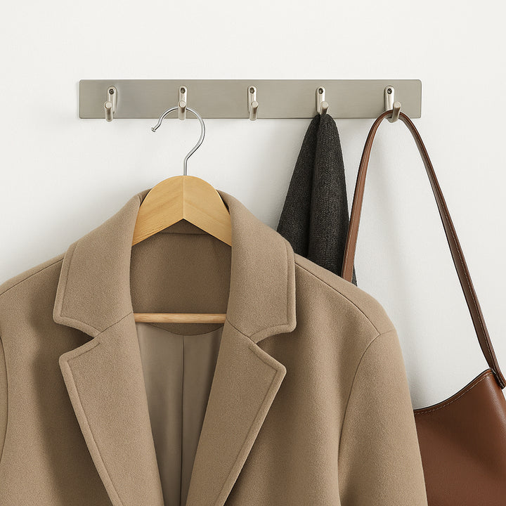 Stylish stainless steel wall mounted coat rack with multiple hooks for convenient storage