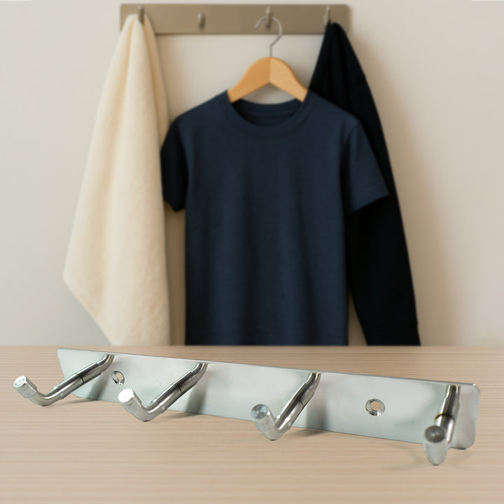 Stainless steel wall mounted coat rack with five hooks for hanging jackets and towels