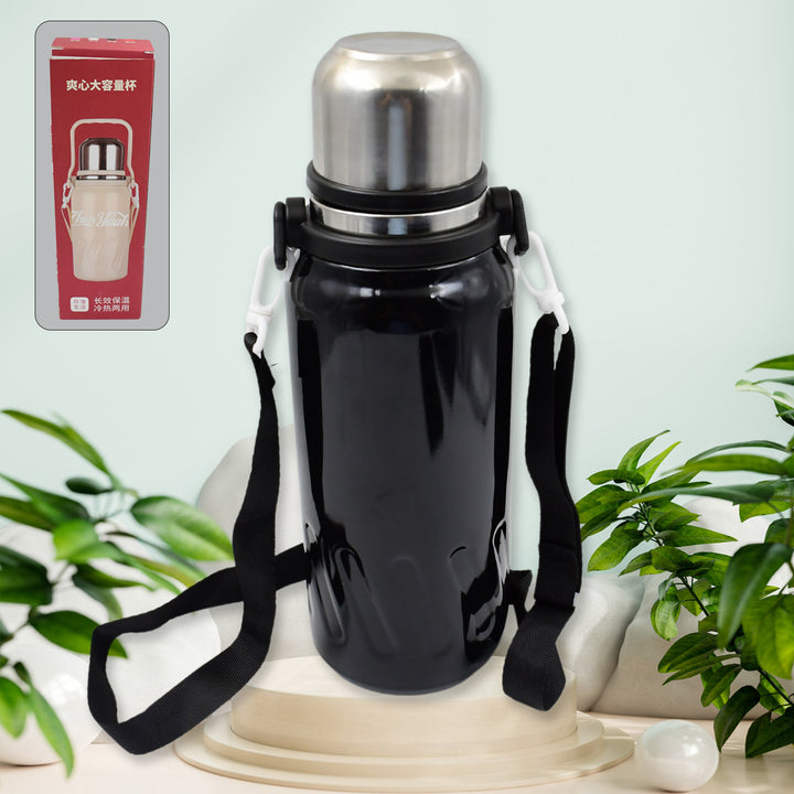 Superior eMart stainless steel water bottle 1200ml with black exterior and adjustable strap