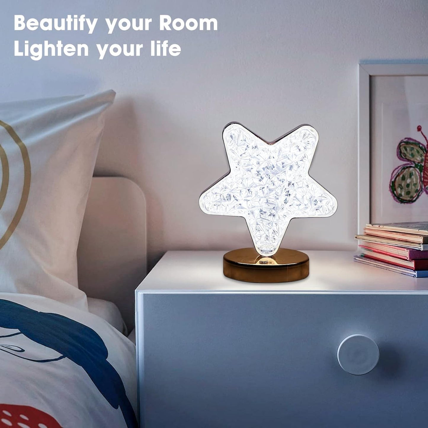 Star shape crystal lamp with a wooden base, ideal for stylish home decor and ambient lighting