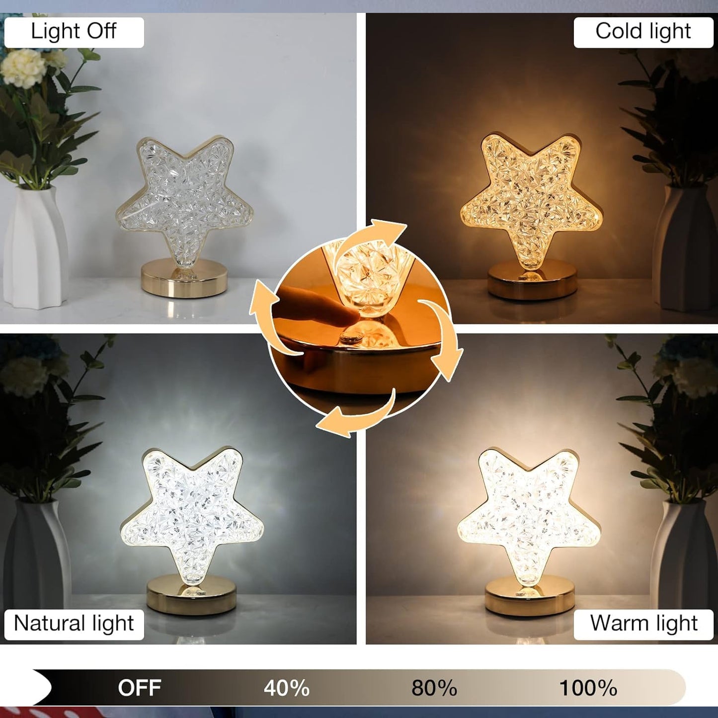 Star shape crystal lamp with adjustable lighting in warm, natural, and cold settings for home decor